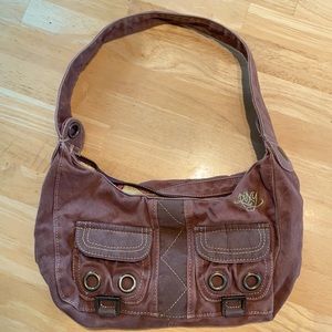 Roxy shoulder handbag. Brown with rose pattern.
